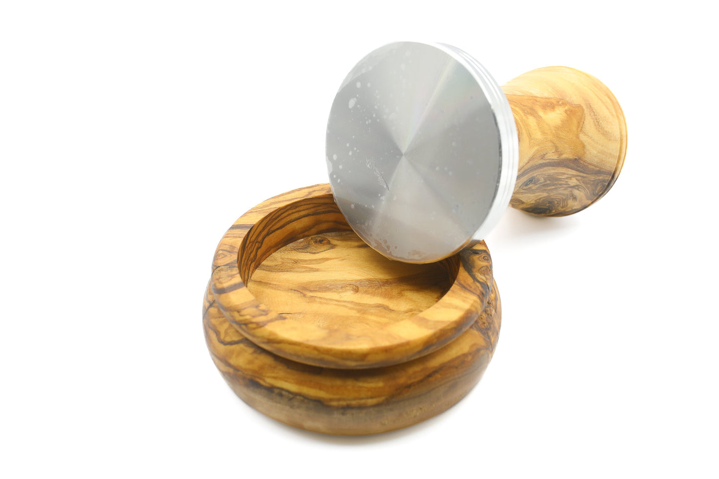 Olive wood and stainless steel coffee tamper with holder