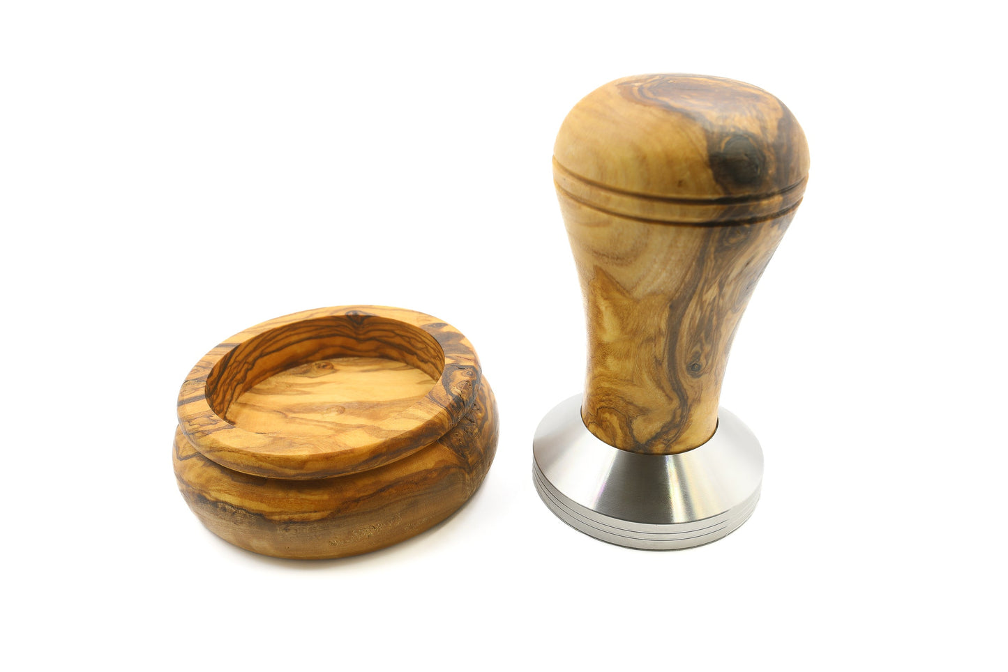 Olive wood and stainless steel coffee tamper with holder