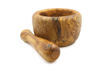 Olive wood mortar and pestle, vintage grinder
