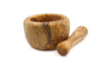 Olive wood mortar and pestle, vintage grinder
