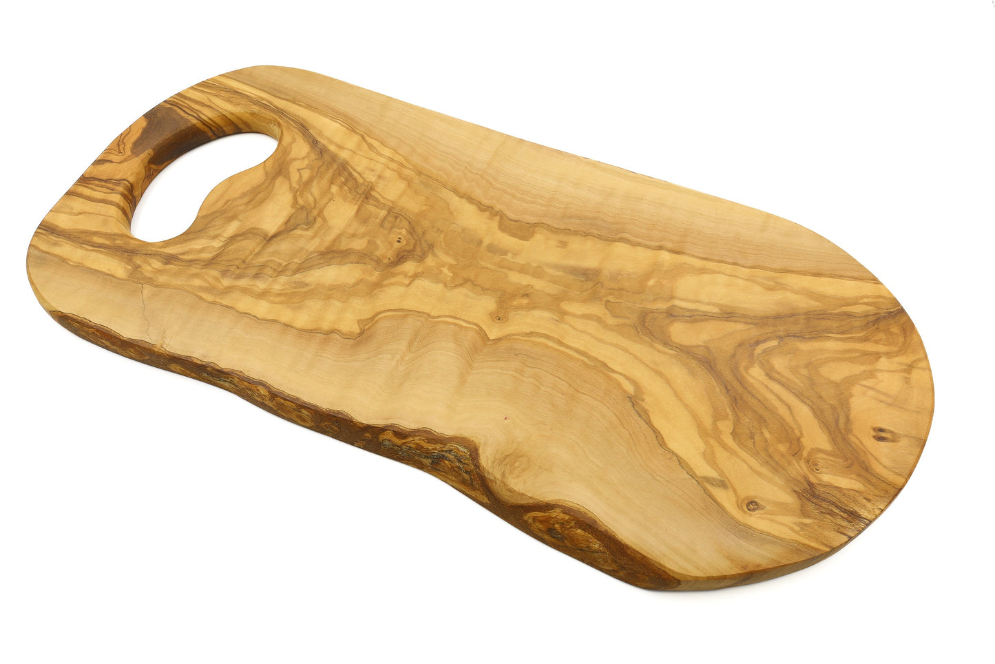 Olive wood cutting board with in-hand handle, organic shape