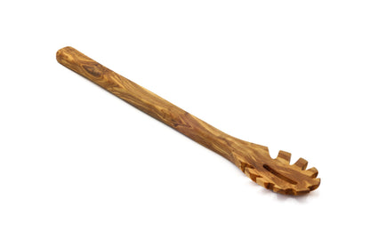 Olive wood pasta and noodle scoop, hook spaghetti spoon, pasta twirling fork