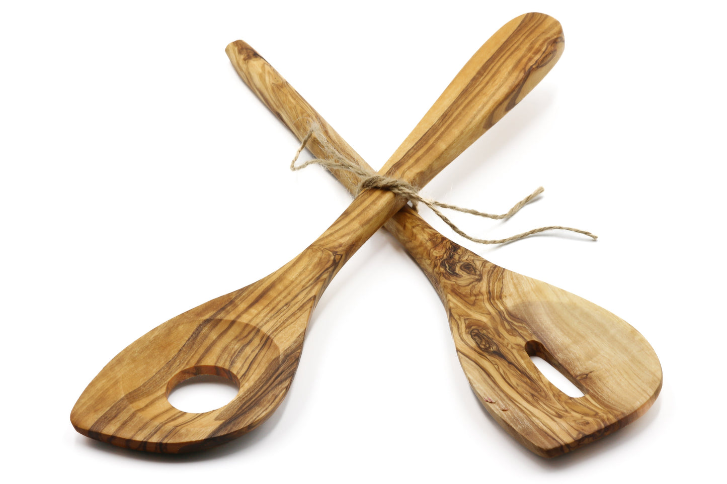 Olive wood pointed stirring and mixing spoon with central hole