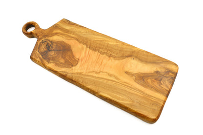 Rectangular olive wood cutting board with ringed handle