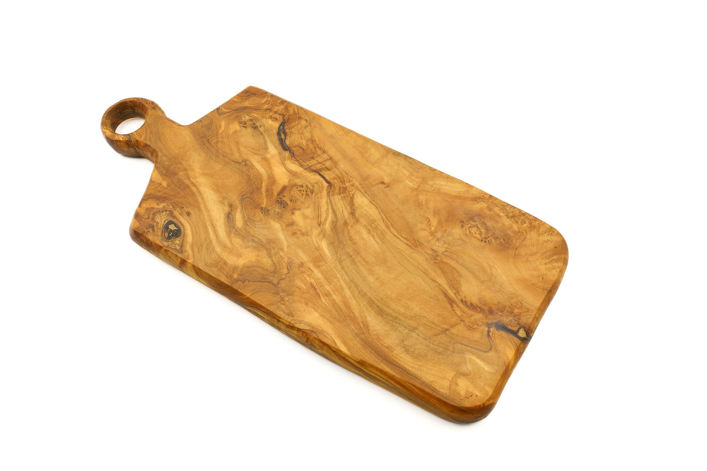 Rectangular olive wood cutting board with ringed handle