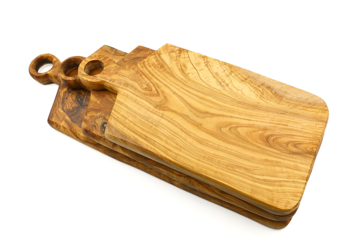 Rectangular olive wood cutting board with ringed handle