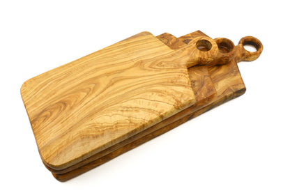 Rectangular olive wood cutting board with ringed handle
