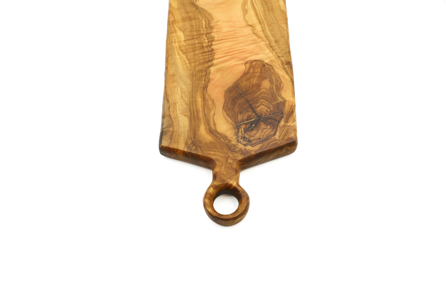 Rectangular olive wood cutting board with ringed handle