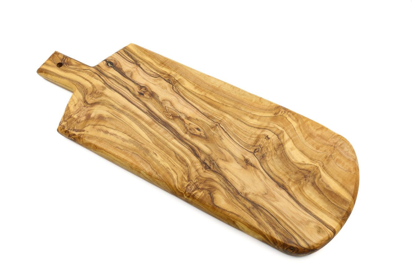 Shield-shaped olive wood serving board with handle