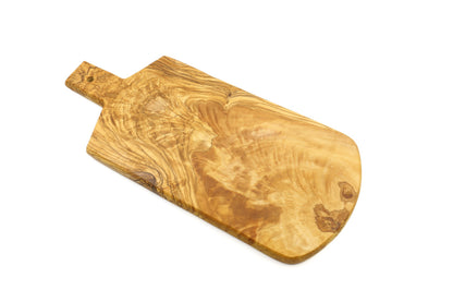 Shield-shaped olive wood serving board with handle