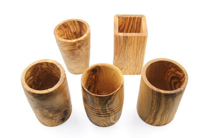 Olive wood utensil holder, vintage counter organizer