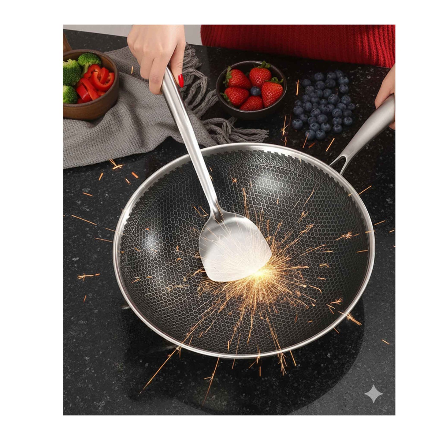 PDF28-Bratpfanne mit Deckel Ø28 cm – Edelstahl 18/10 mit Wabenstruktur, Induktion geeignet & kratzfest