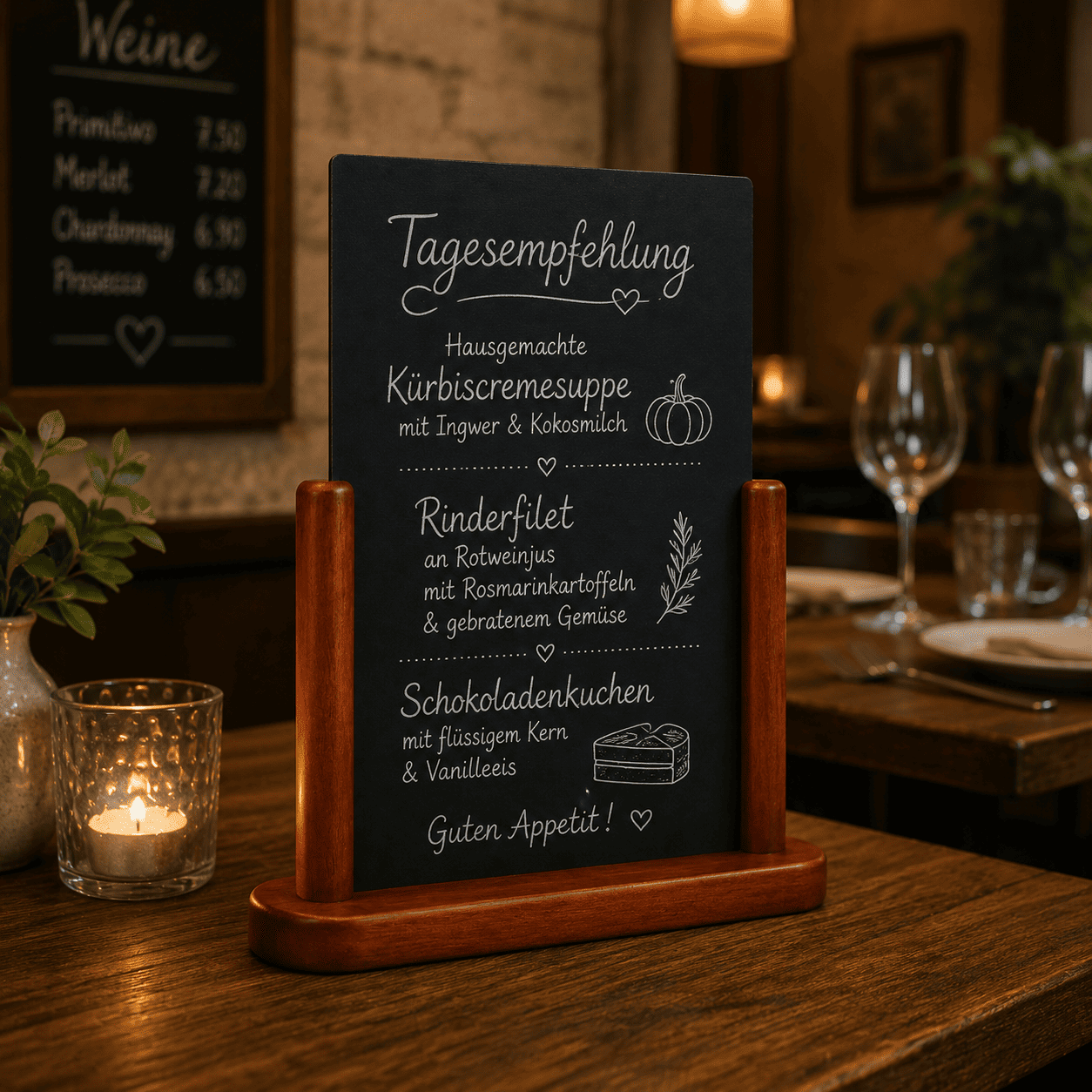 Securit® Tischkreidetafel, Holzsockel Mahagoni