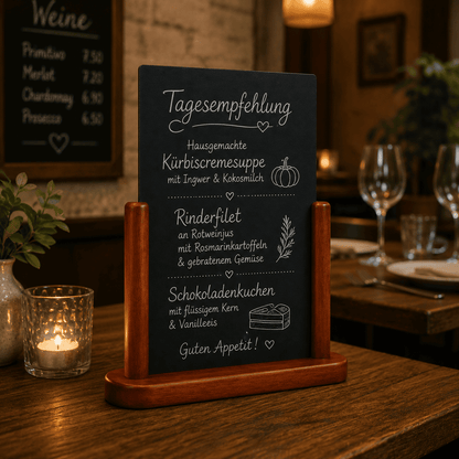Securit® Tischkreidetafel, Holzsockel Mahagoni