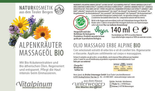 Alpenkräuter Massageöl Unterweger – Biokosmetik mit Arnika, Fichte & Wacholder