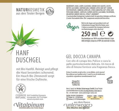 Unterweger Hanf Duschgel 250ml – Naturkosmetik mit Hanföl & Zitronenöl zur sanften Pflege empfindlicher Haut