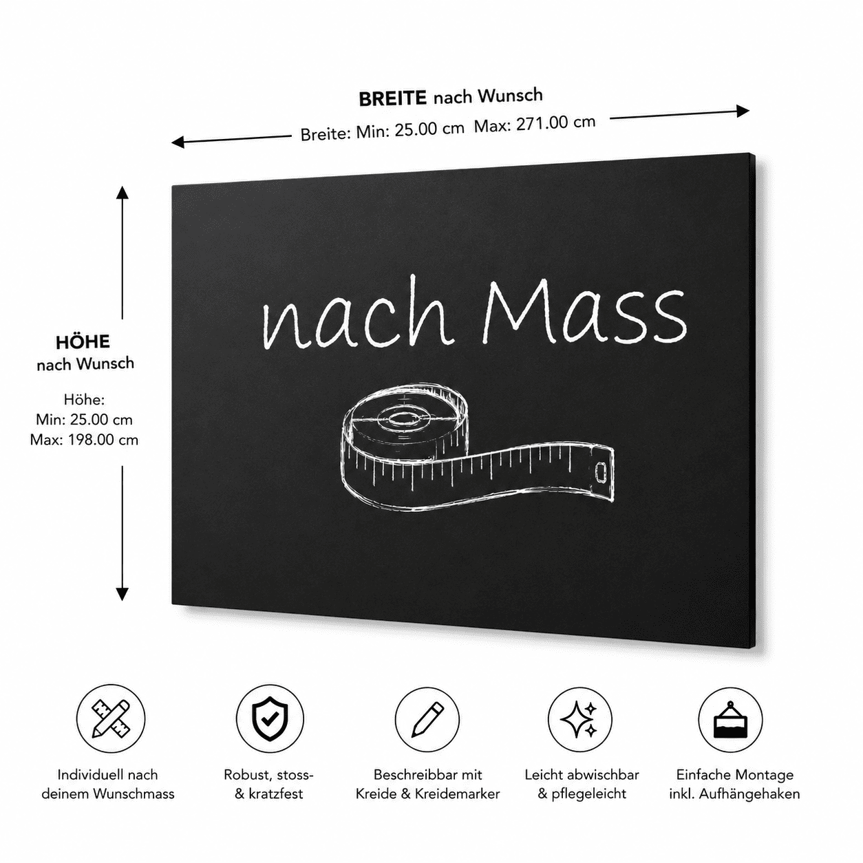 Wandkreidetafel nach Mass, ohne Rahmen, Indoor
