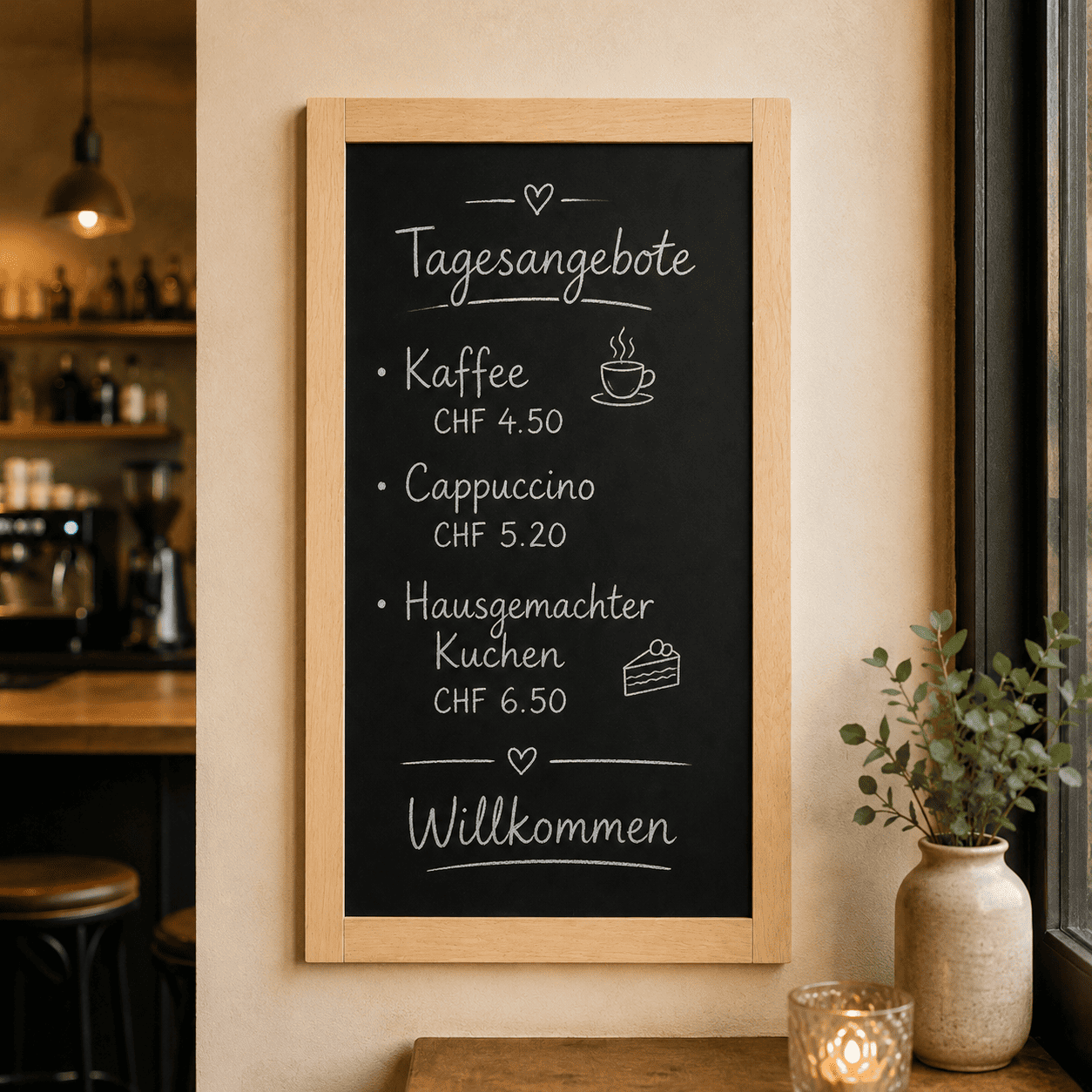 Wandkreidetafel mit Buchenholzrahmen, 48x98cm, Indoor