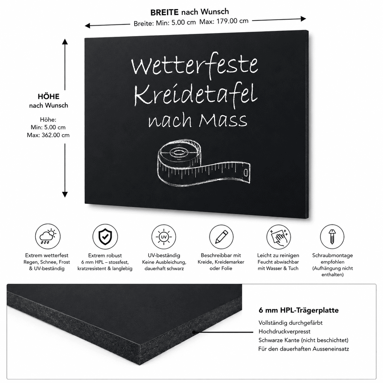 Wandkreidetafel nach Mass, ohne Rahmen, Outdoor