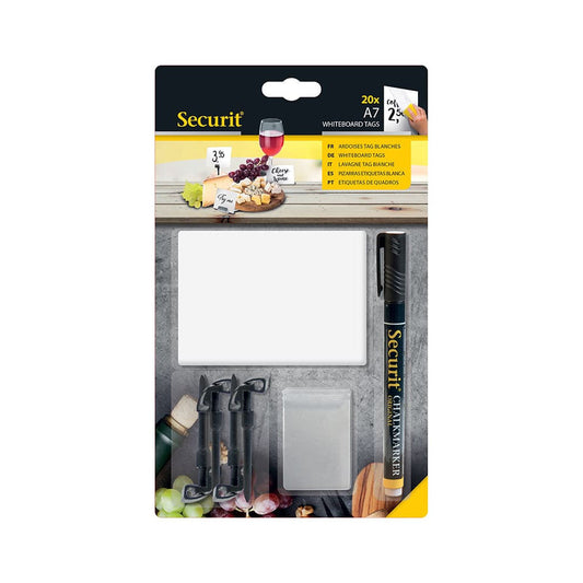 Securit® Kreidetafel TAGs A7 Weiss, inkl. 1 Securit® Kreidestift, 4 Spikes und 4 transparenten Haltern, 20er Set