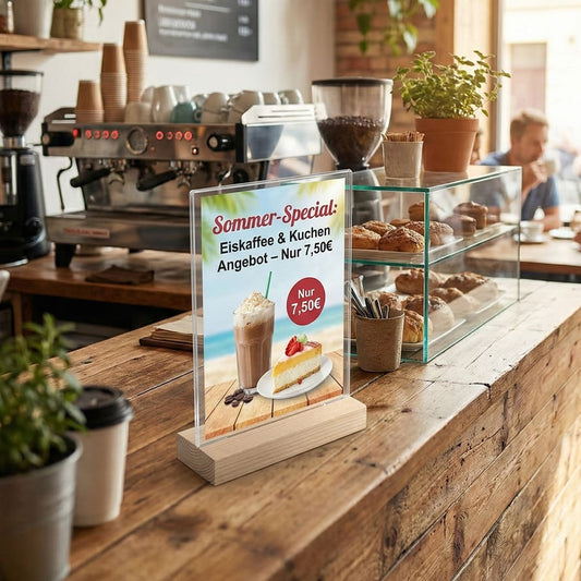 Acryl - Tischaufsteller mit stabilem Holzfuss - Tischaufsteller / Tags - Speedjust Schweiz