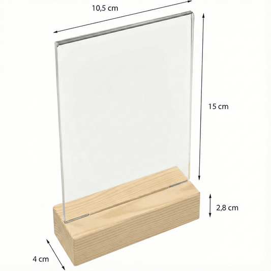 Acryl - Tischaufsteller mit stabilem Holzfuss - Tischaufsteller / Tags - Speedjust Schweiz