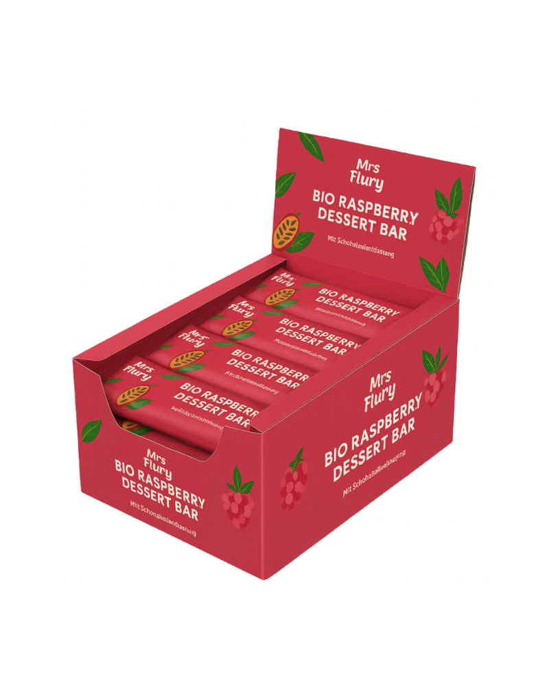 Bio Raspberry Dessert Bar 50 g Box 12 Stück fruchtig, schokoladig, natürlich gut