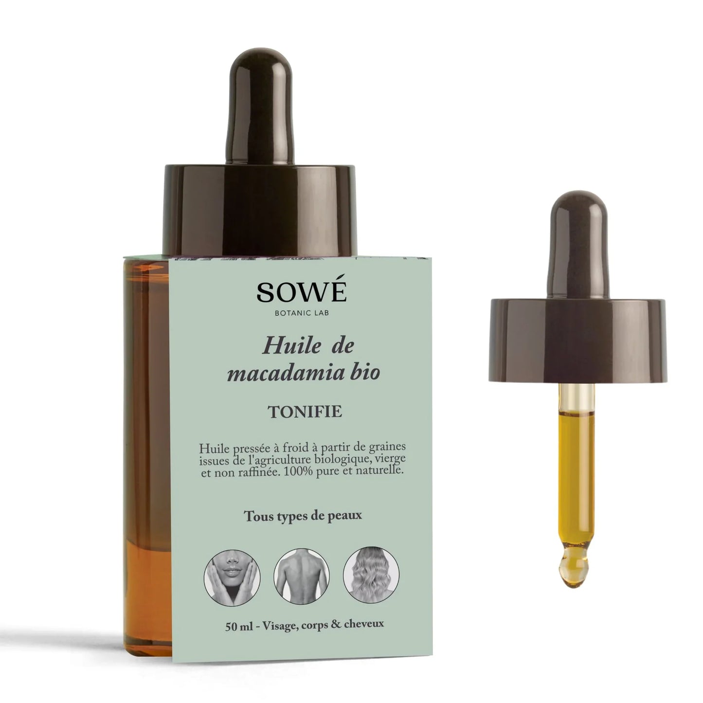 Huile de macadamia BIO pressée à froid - Pour le corps et cheveux 50 ml - SOWÉ