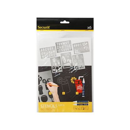 Securit® Kreidetafel Schablonen, 6er-Set,  ABC, ZAHLEN, MOTIVE und ZEICHEN