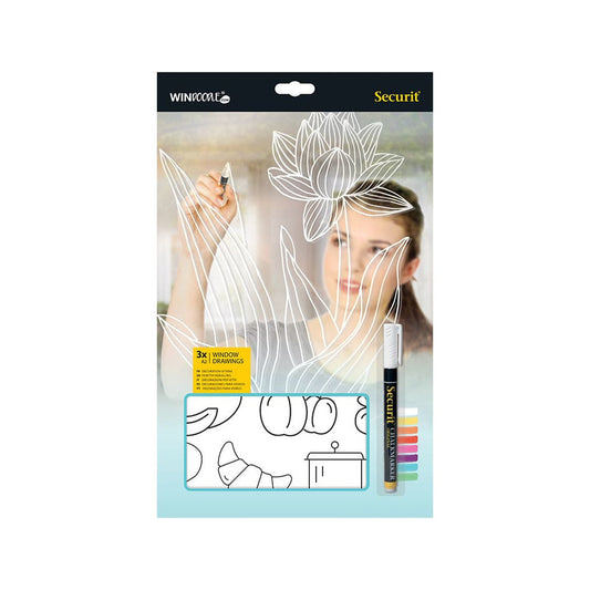Securit® Fensterschablonen "Windoodle", Format: A2, Thema: Food, inkl. 1 Securit® Kreidestift, 3er Set