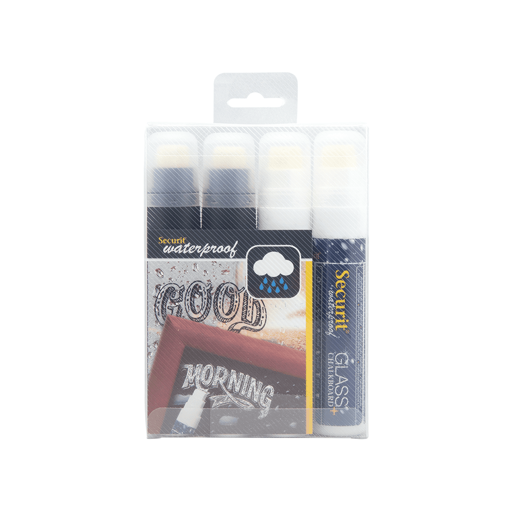 Securit® Kreidemarker Wasserfest, 7 - 15mm, 4er - Set, 2x Weiss + 2x Schwarz - Kreidemarker - Speedjust Schweiz