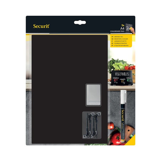 Securit® Kreidetafel TAGs A4 Schwarz, inkl. 1 Securit® Kreidestift, 4 Spikes und 4 transparenten Haltern, 5er Set - Tischaufsteller / Tags - Speedjust Schweiz