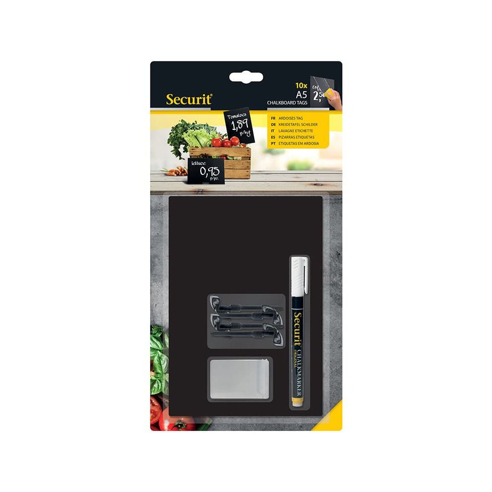 Securit® Kreidetafel TAGs A5 Schwarz, inkl. 1 Securit® Kreidestift, 4 Spikes und 4 transparenten Haltern, 10er Set - Tischaufsteller / Tags - Speedjust Schweiz