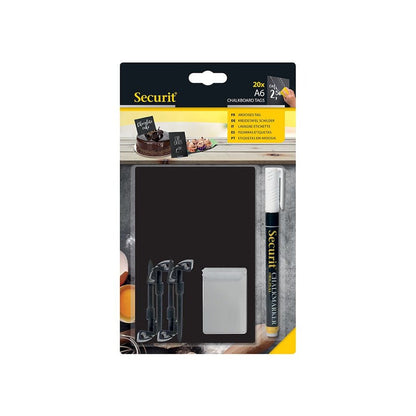 Securit® Kreidetafel TAGs A6 Schwarz, inkl. 1 Securit® Kreidestift, 4 Spikes und 4 transparenten Haltern, 20er Set - Tischaufsteller / Tags - Speedjust Schweiz