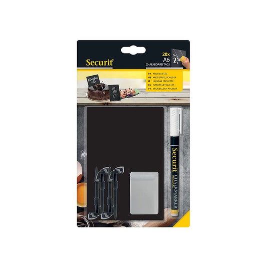 Securit® Kreidetafel TAGs A6 Schwarz, inkl. 1 Securit® Kreidestift, 4 Spikes und 4 transparenten Haltern, 20er Set - Tischaufsteller / Tags - Speedjust Schweiz