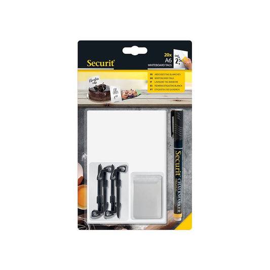 Securit® Kreidetafel TAGs A6 Weiss, inkl. 1 Securit® Kreidestift, 4 Spikes und 4 transparenten Haltern, 20er Set - Tischaufsteller / Tags - Speedjust Schweiz