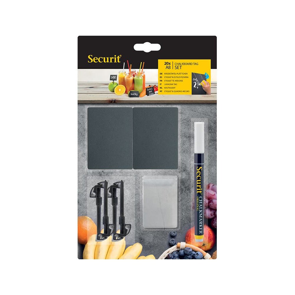 Securit® Kreidetafel TAGs A8 Schwarz, inkl. 1 Securit® Kreidestift, 4 Spikes und 4 transparenten Haltern, 20er Set - Tischaufsteller / Tags - Speedjust Schweiz