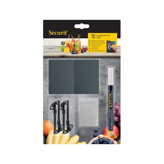 Securit® Kreidetafel TAGs A8 Schwarz, inkl. 1 Securit® Kreidestift, 4 Spikes und 4 transparenten Haltern, 20er Set - Tischaufsteller / Tags - Speedjust Schweiz