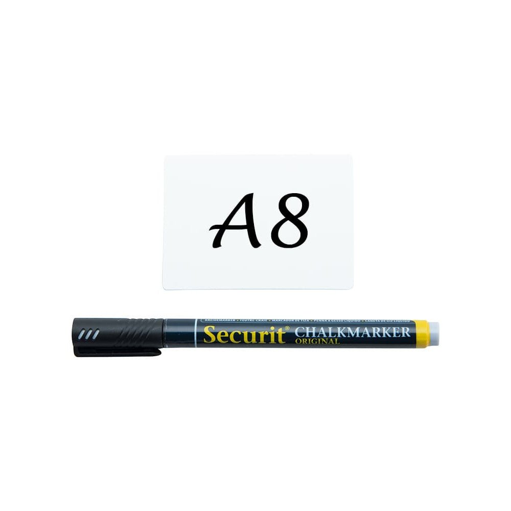Securit® Kreidetafel TAGs A8 Weiss, inkl. 1 Securit® Kreidestift, 4 Spikes und 4 transparenten Haltern, 20er Set - Tischaufsteller / Tags - Speedjust Schweiz