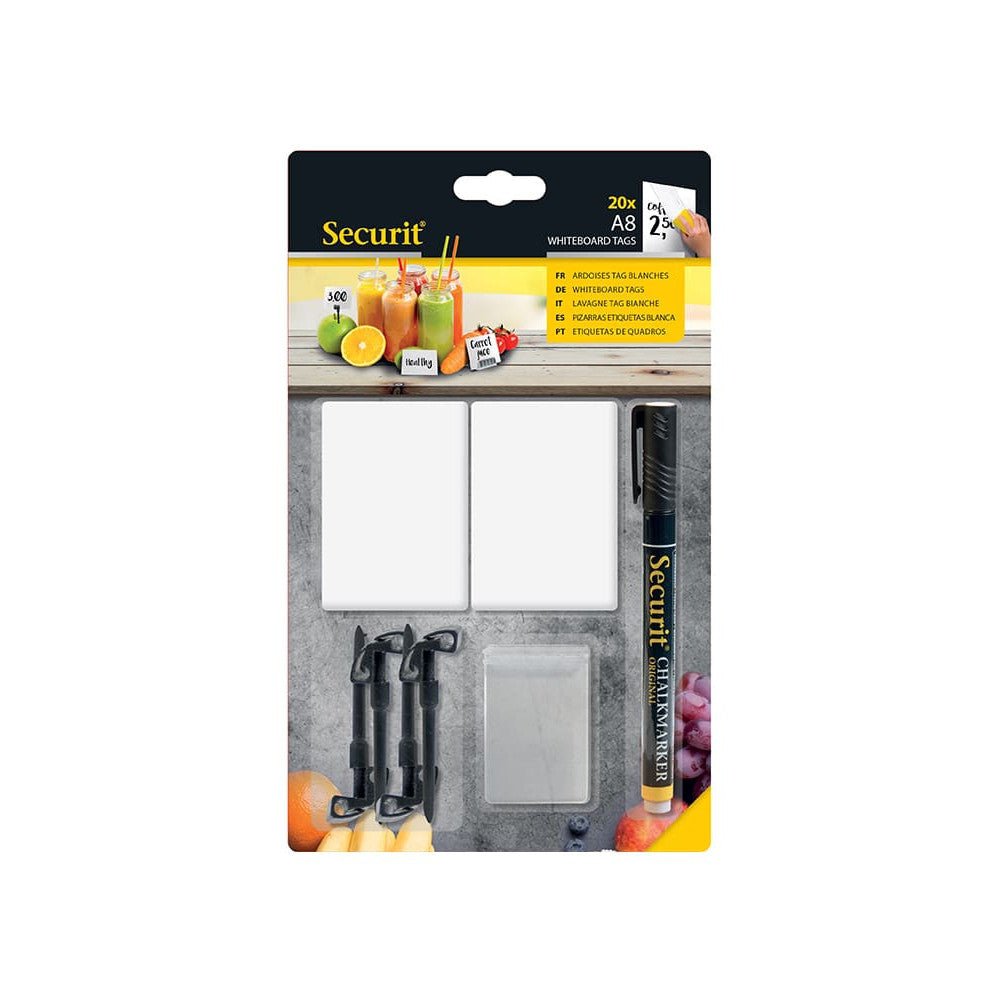 Securit® Kreidetafel TAGs A8 Weiss, inkl. 1 Securit® Kreidestift, 4 Spikes und 4 transparenten Haltern, 20er Set - Tischaufsteller / Tags - Speedjust Schweiz