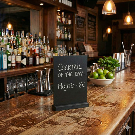 Tischkreidetafel mit schwarzer Holzbasis – wetterfest, beidseitig & stilvoll - Tischaufsteller / Tags - Speedjust Schweiz